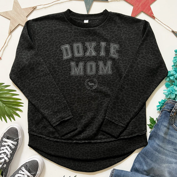 AD Doxie Mom Ladies' Black Leopard Fleece Crewneck Sweatshirt