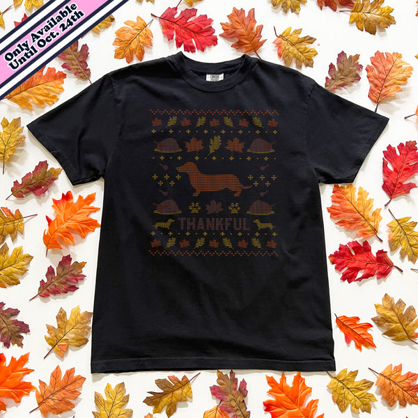 Doxie Thanksgiving Holiday Fake Knit Short Sleeve Tee Shirt (Limited Release)