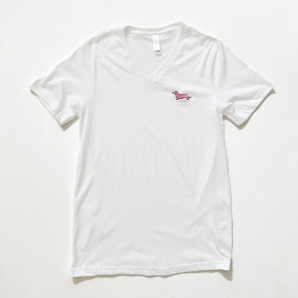 AD Signature Doxie Pink Logo V-Neck Tee Shirt (White)