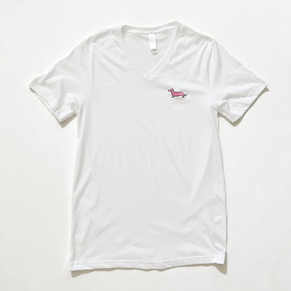 AD Signature Doxie Pink Logo V-Neck Tee Shirt (White)