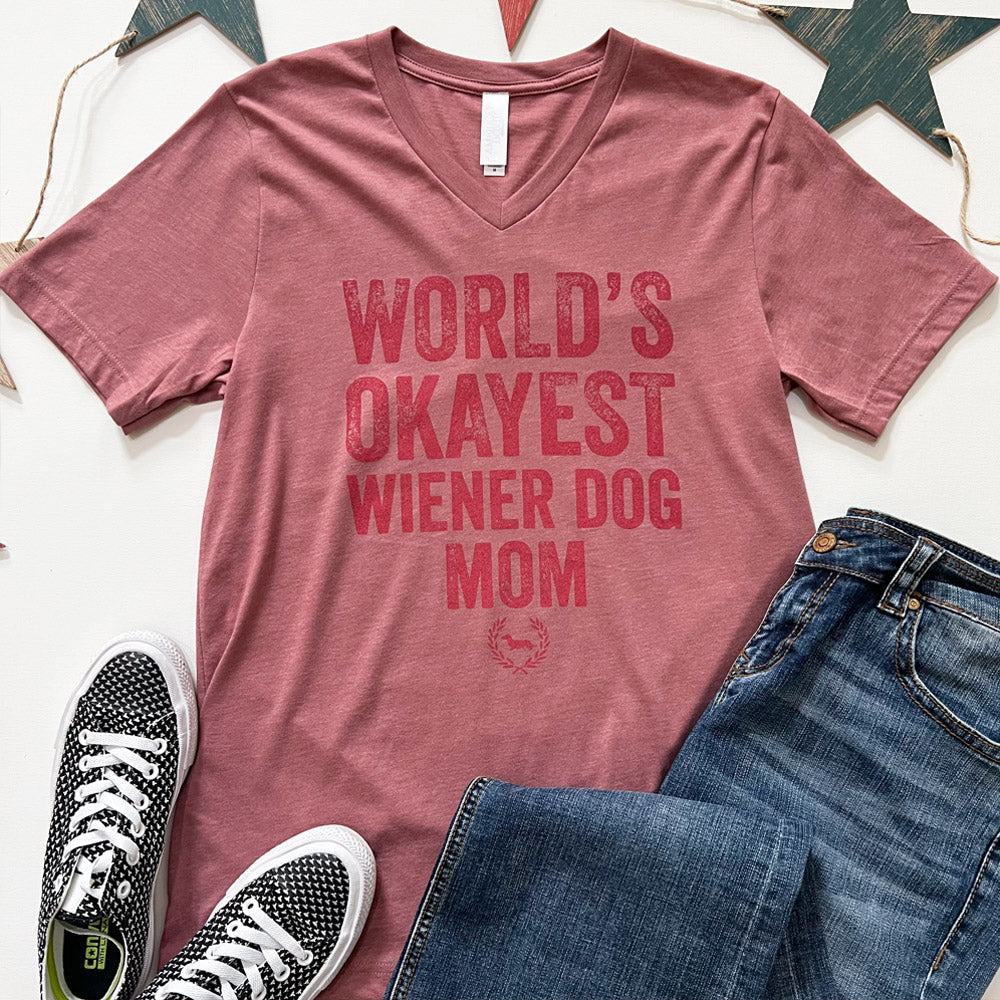 World's Okayest Doxie Mom V-Neck Short Sleeve T-Shirt