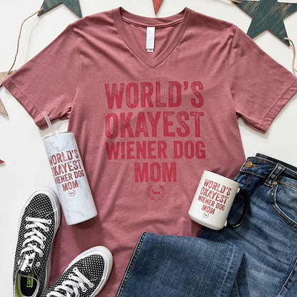 World's Okayest Doxie Mom V-Neck Short Sleeve T-Shirt