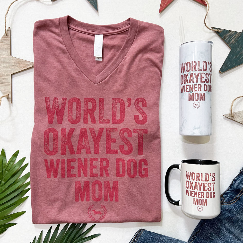 World's Okayest Doxie Mom V-Neck Short Sleeve T-Shirt