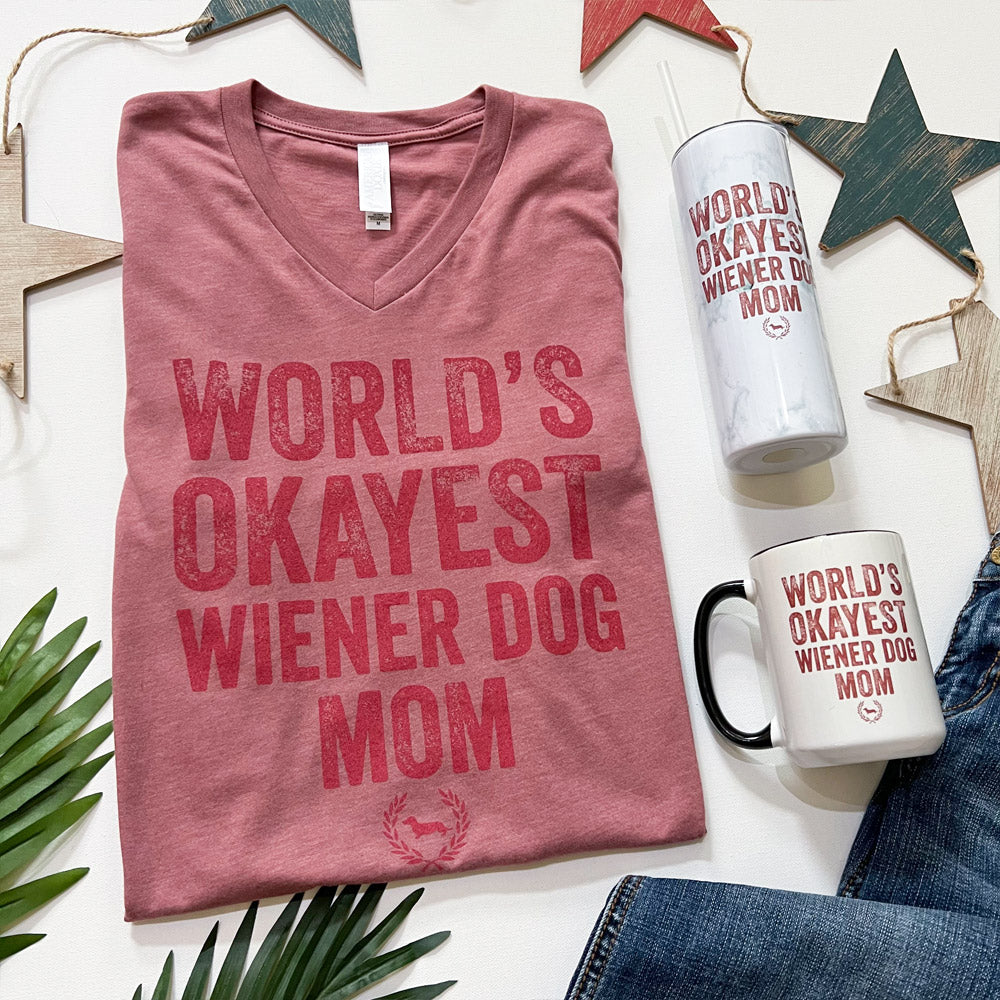 World's Okayest Doxie Mom V-Neck Short Sleeve T-Shirt