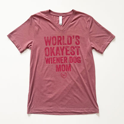 World's Okayest Doxie Mom V-Neck Short Sleeve T-Shirt