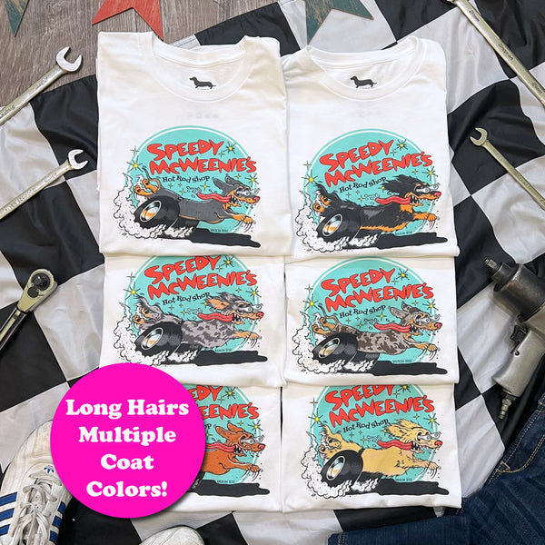 "NEW" AD Speedy McWeenie's Hot Rod Shop Tee Shirt (Long-Haired Various Coats)