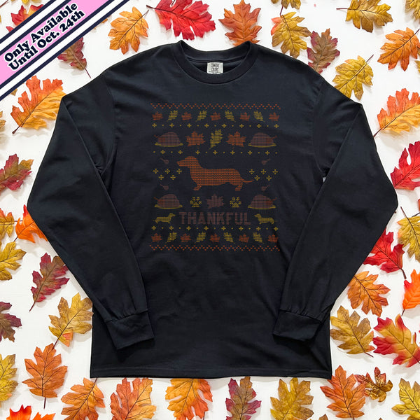 Doxie Thanksgiving Holiday Fake Knit Long Sleeve Tee Shirt (Limited Release)